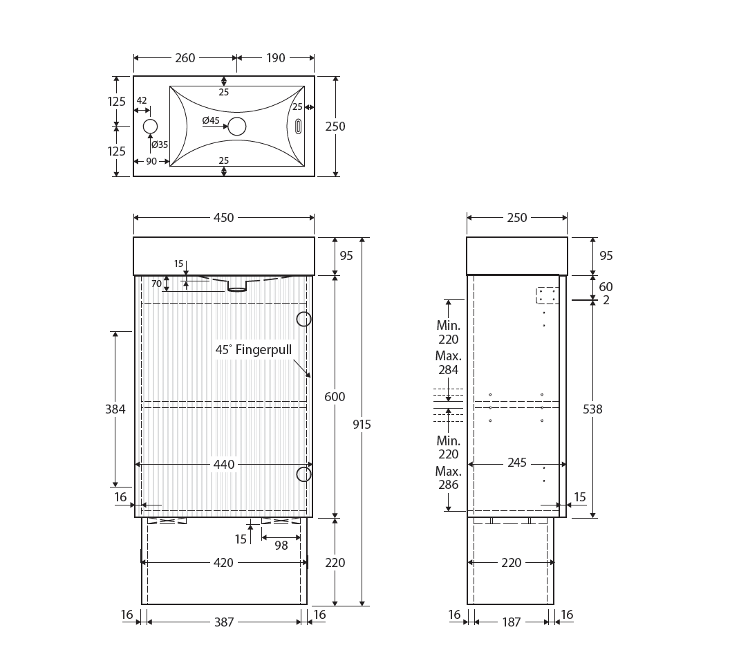 Fienza 45USK-OF Minka 450 Vanity on Kickboard, with Overflow, Scandi Oak
