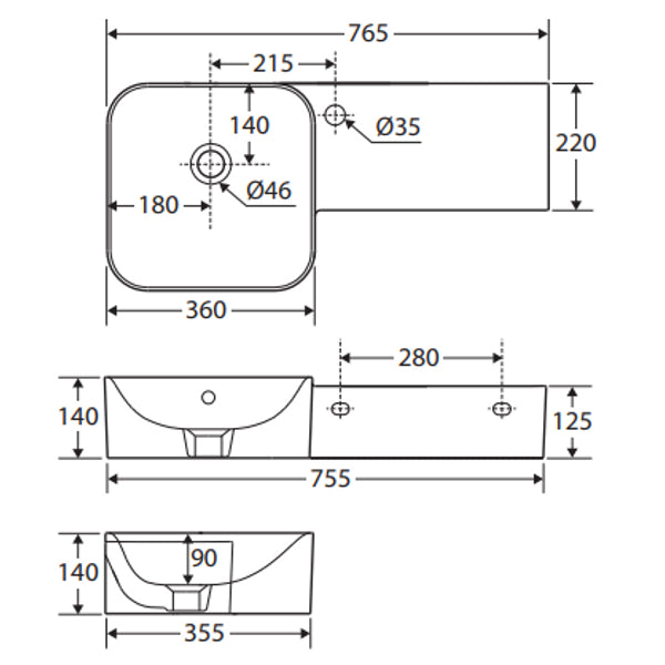 Fienza 47700AWHA RAK Petit Square Wall Basin, Right Edge, No Tap Hole, Alpine White