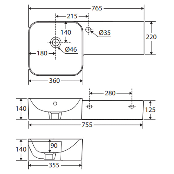 Fienza 47701AWHA RAK Petit Square Wall Basin, Right Edge, One Tap Hole, Alpine White