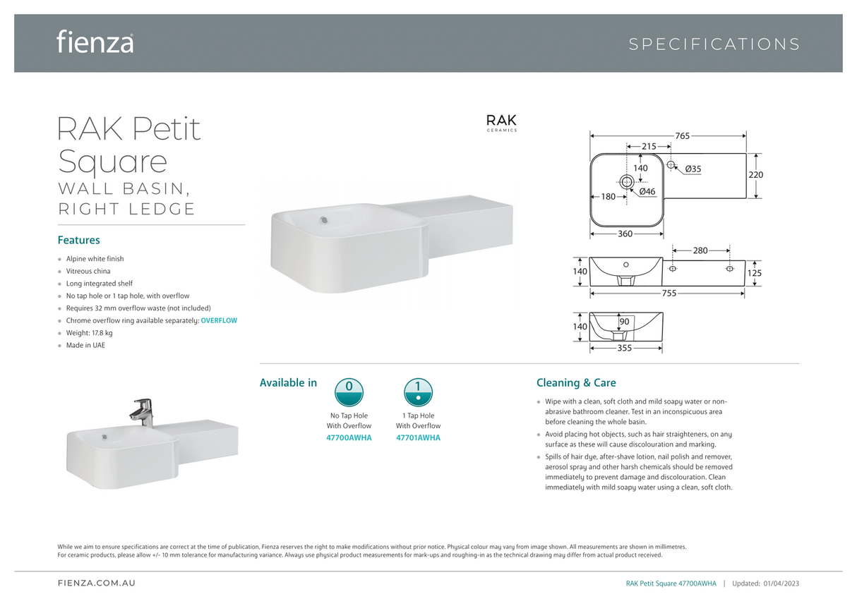 Fienza 47701AWHA RAK Petit Square Wall Basin, Right Edge, One Tap Hole, Alpine White
