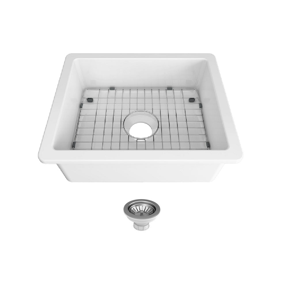 Seima 192511 Odessa 560 Ceramic Butler Sink, Single Bowl, 565x460mm Abovemount/Undermount, White Gloss with Gunmetal Basket Waste & Grid