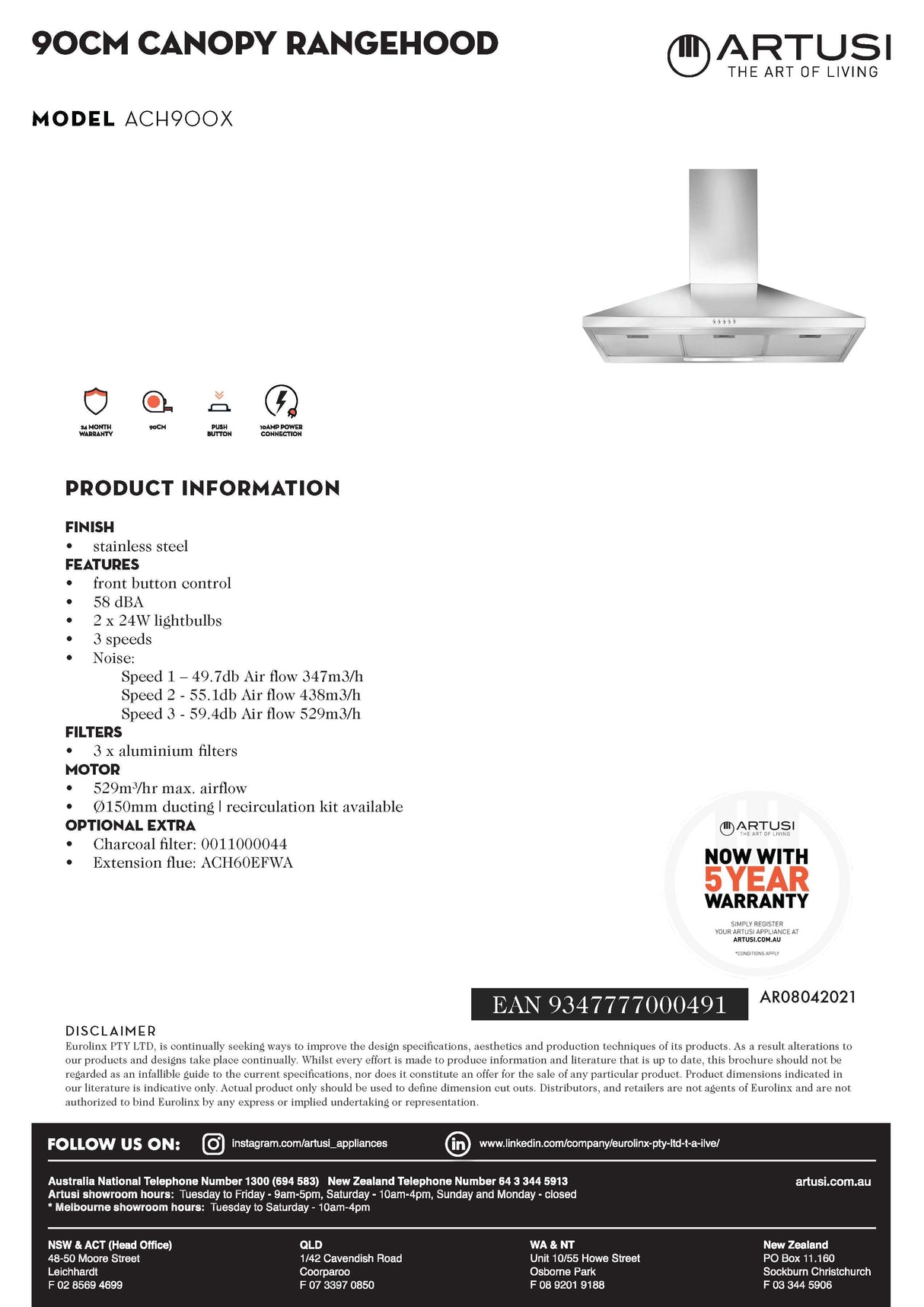 Artusi ACH900X 90cm Canopy Rangehood, Stainless Steel