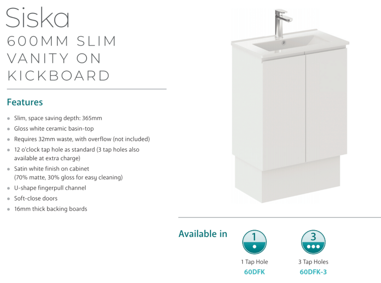 Fienza Siska 60Dfk 600Mm Satin White Vanity With Kickboard - Special Order Units