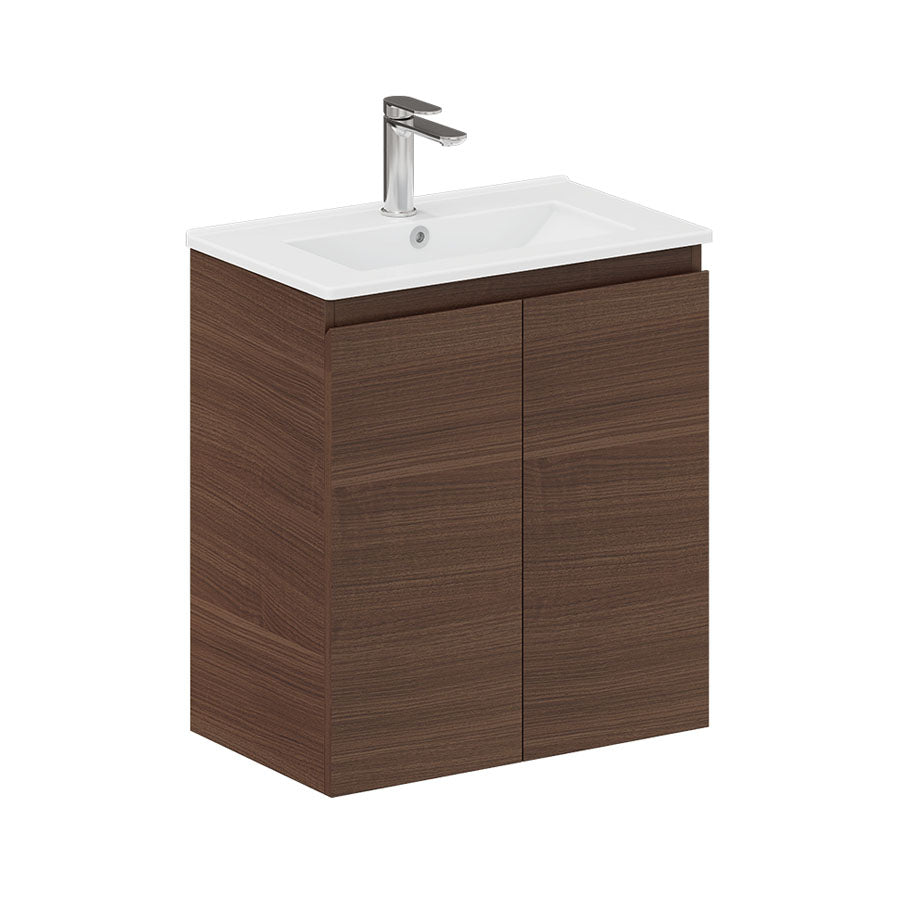 Fienza Siska 60DFWA Slim 600mm White Wall Hung Vanity Unit, Walnut