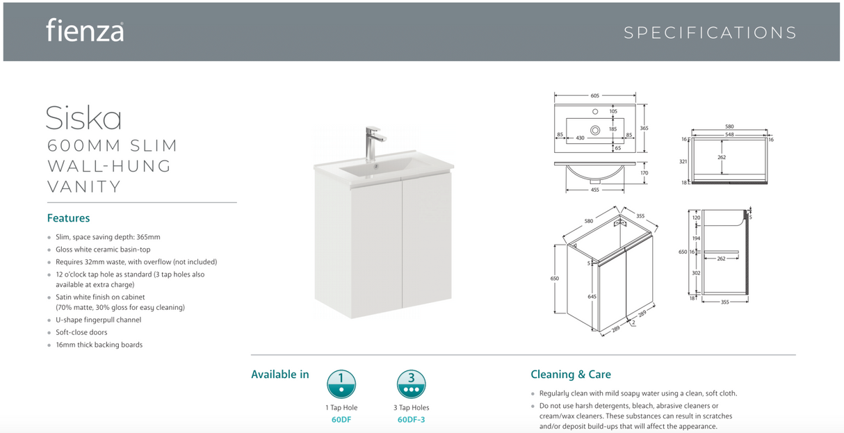 Fienza Siska 60DF Slim 600mm White Wall Hung Vanity Unit Satin- Special Order