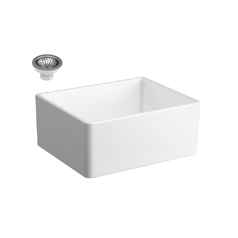 Seima 192423 Odessa 610 Ceramic Butler Sink, Single Bowl, 610x485mm Abovemount/Undermount, White Gloss with Stainless Steel Basket Waste