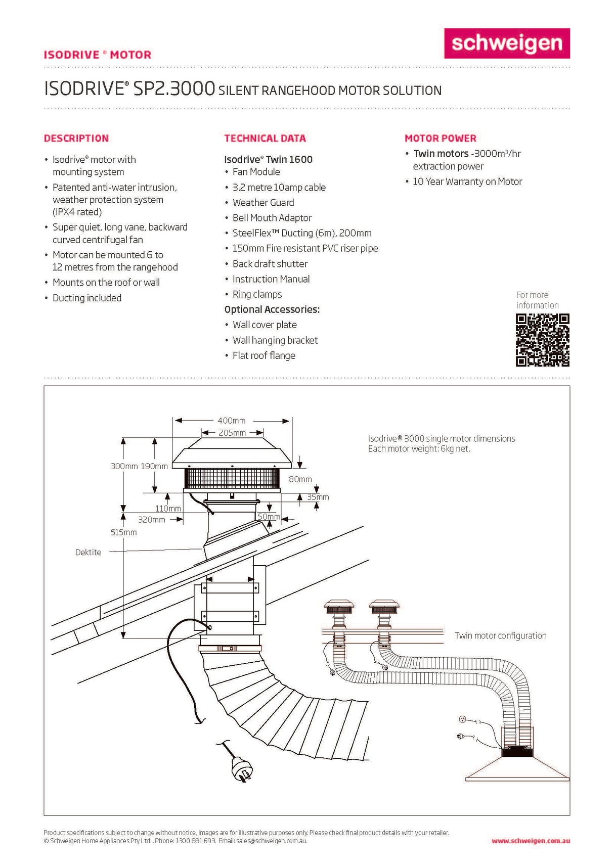 Schweigen CLUM212SP2 120cm Silent BBQ Undermount Twin Motor Rangehood, 3000m3/hr, Stainless Steel