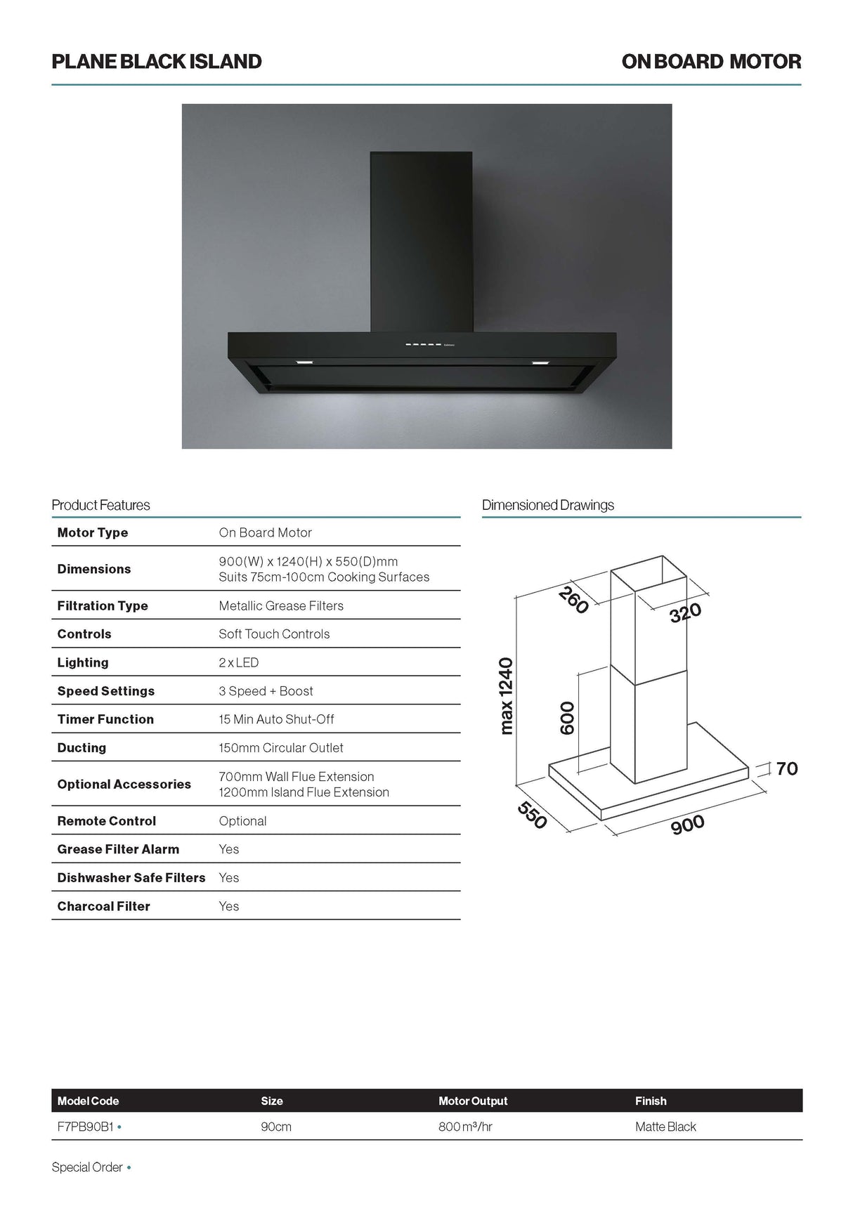 Falmec F7PB90B1 Plane Black 90cm Island Canopy, Matte Black, 800m3
