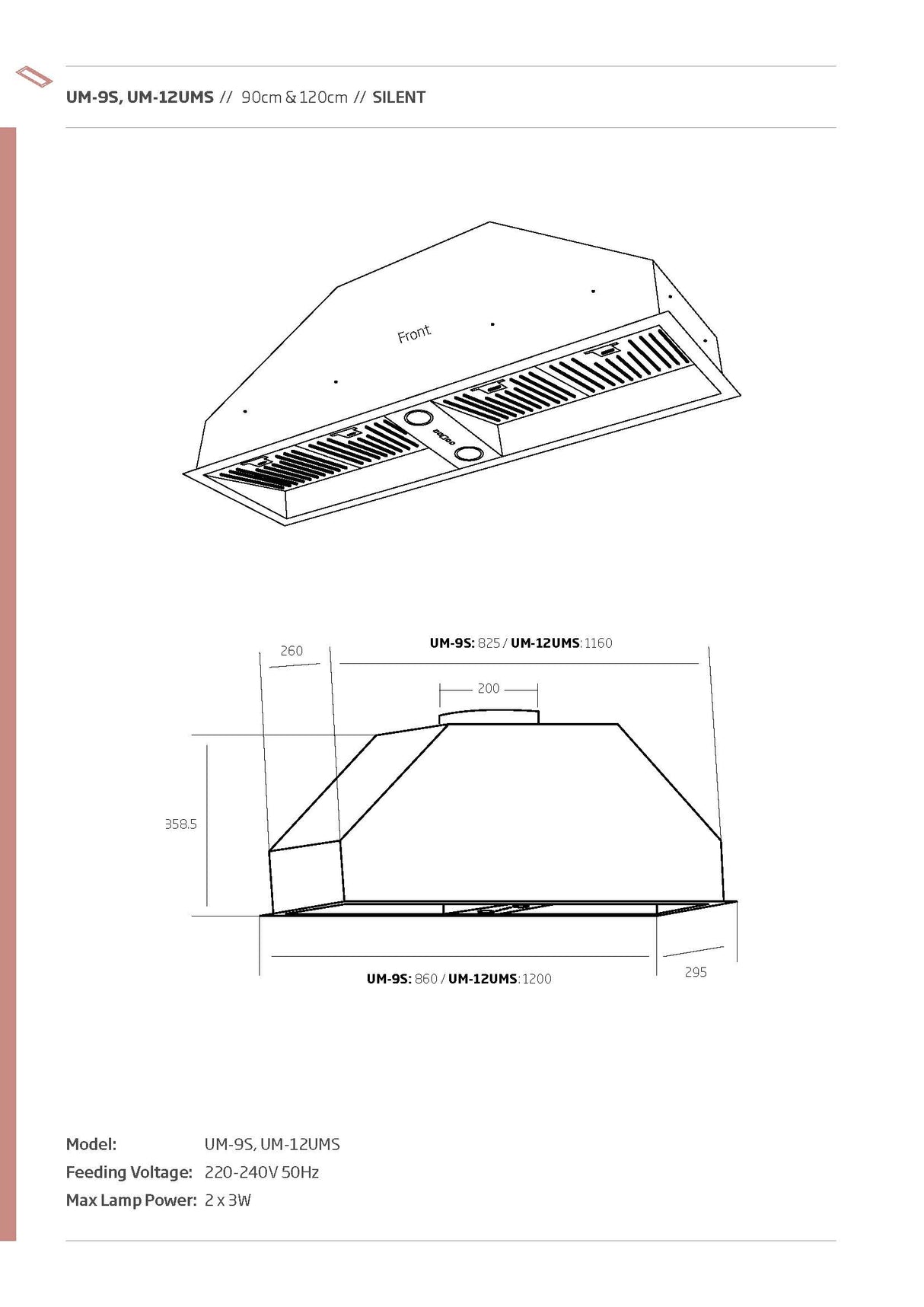 Schweigen UM-9SINL 90cm Silent Inline Motor Undermount Rangehood, 1600m3/hr, Stainless Steel