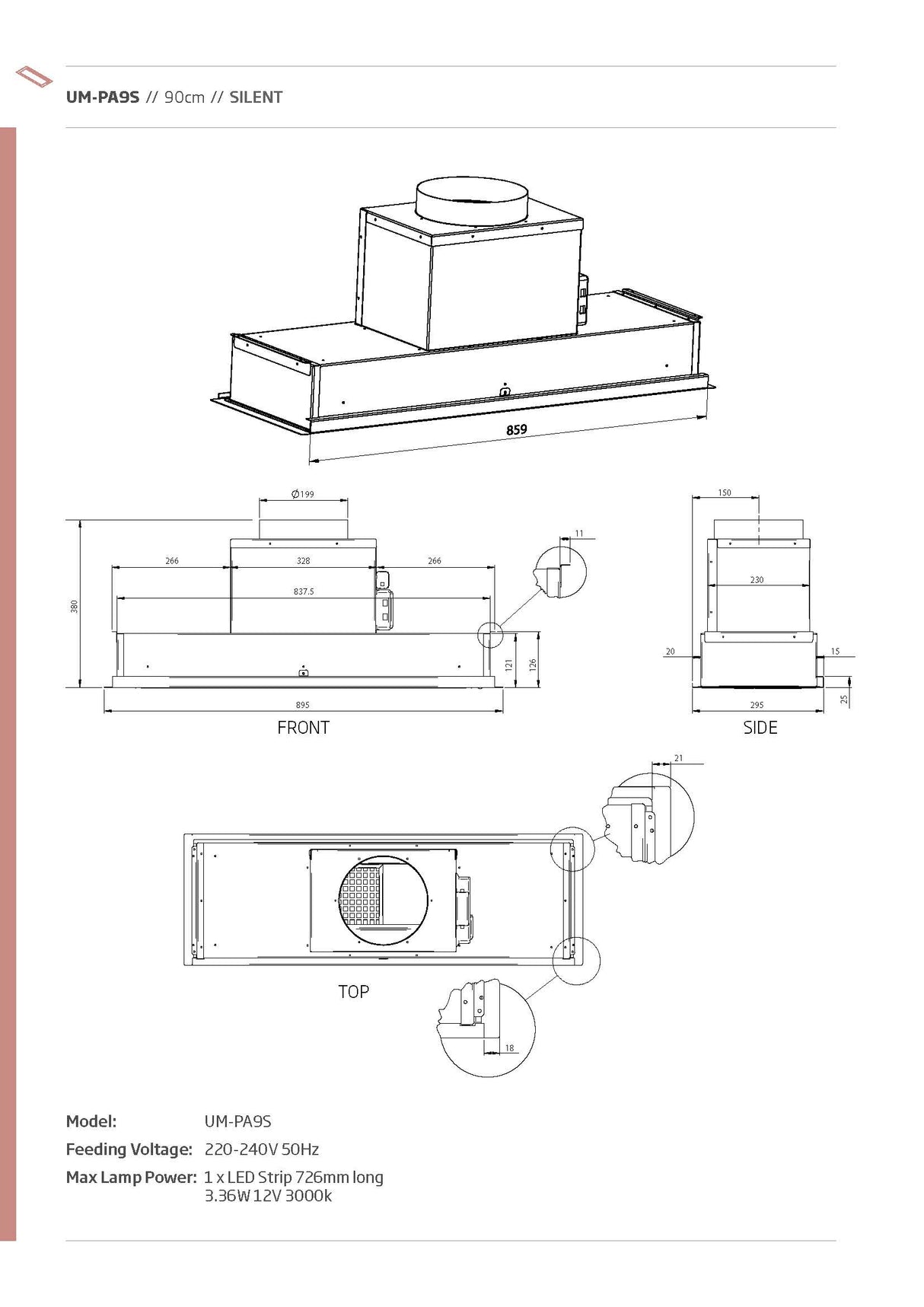 Schweigen UM-PA9SINL 90cm Silent Inline Motor Undermount Rangehood, 1600m3/hr, Stainless Steel
