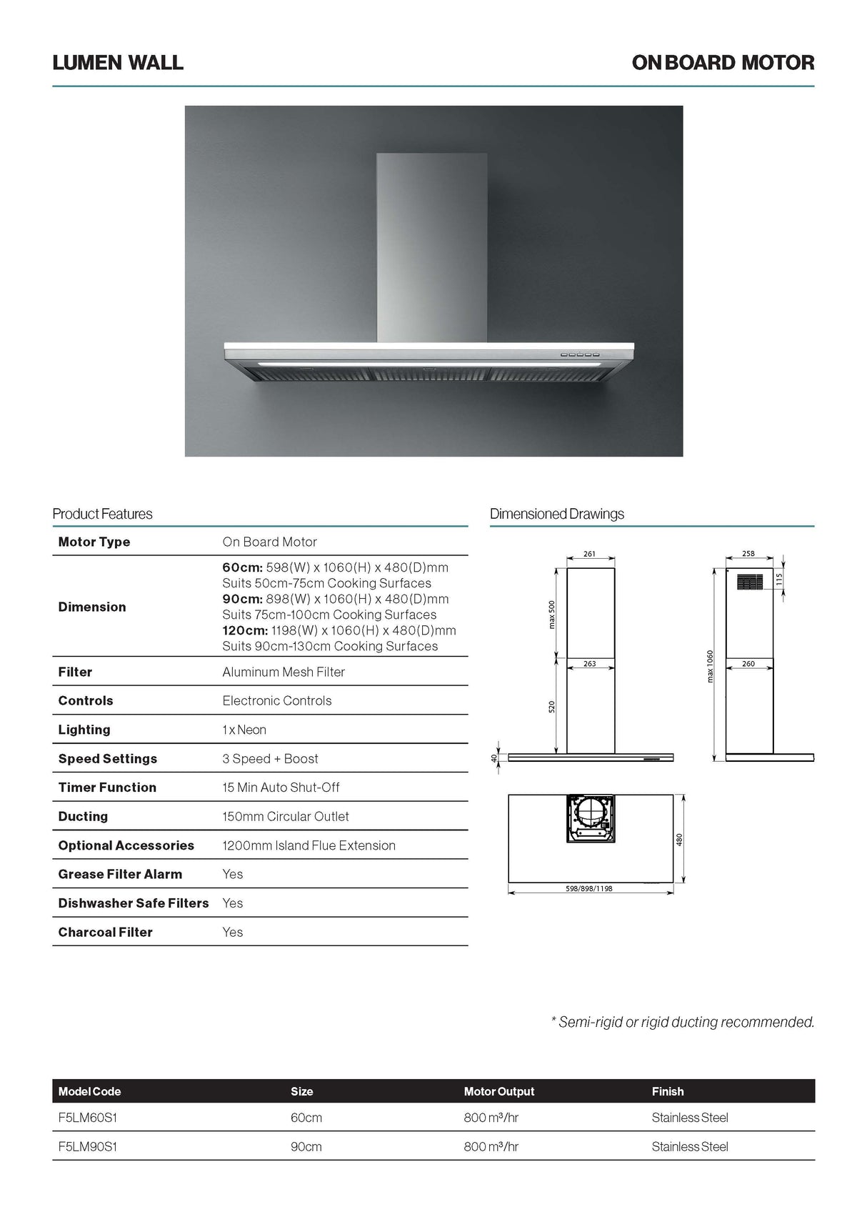 Falmec F5LM90S1 90cm Lumen Canopy Rangehood, 800m3