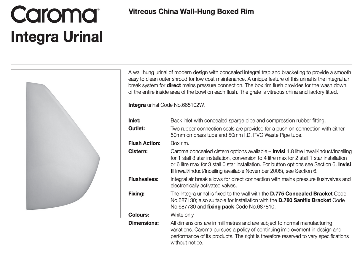Caroma 665102W Integra Wall Hung Urinal