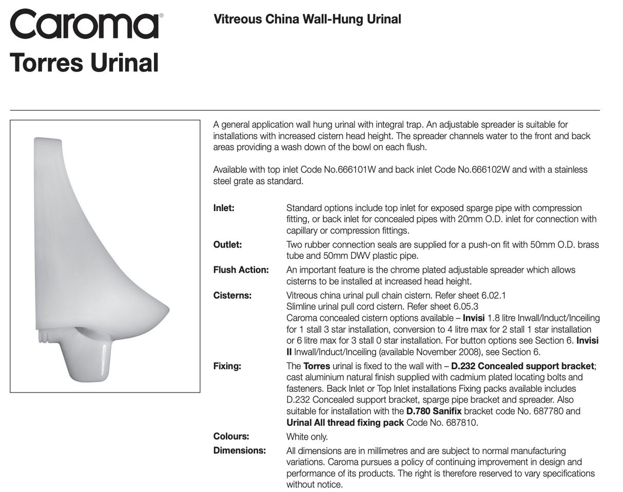Caroma 666102W Torres Wall Hung Urinal, Back Inlet