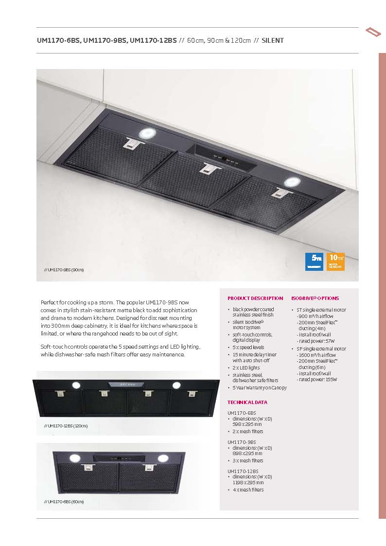 Schweigen UM1170-6BSP 60cm Silent Undermount Rangehood, 1600m3/hr, Matte Black