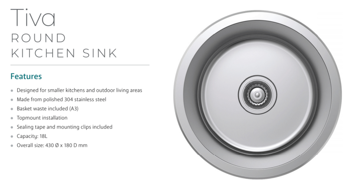 Fienza Tiva 68103 Stainless Steel Round Kitchen Sink - Special Order Laundry Insert Sinks