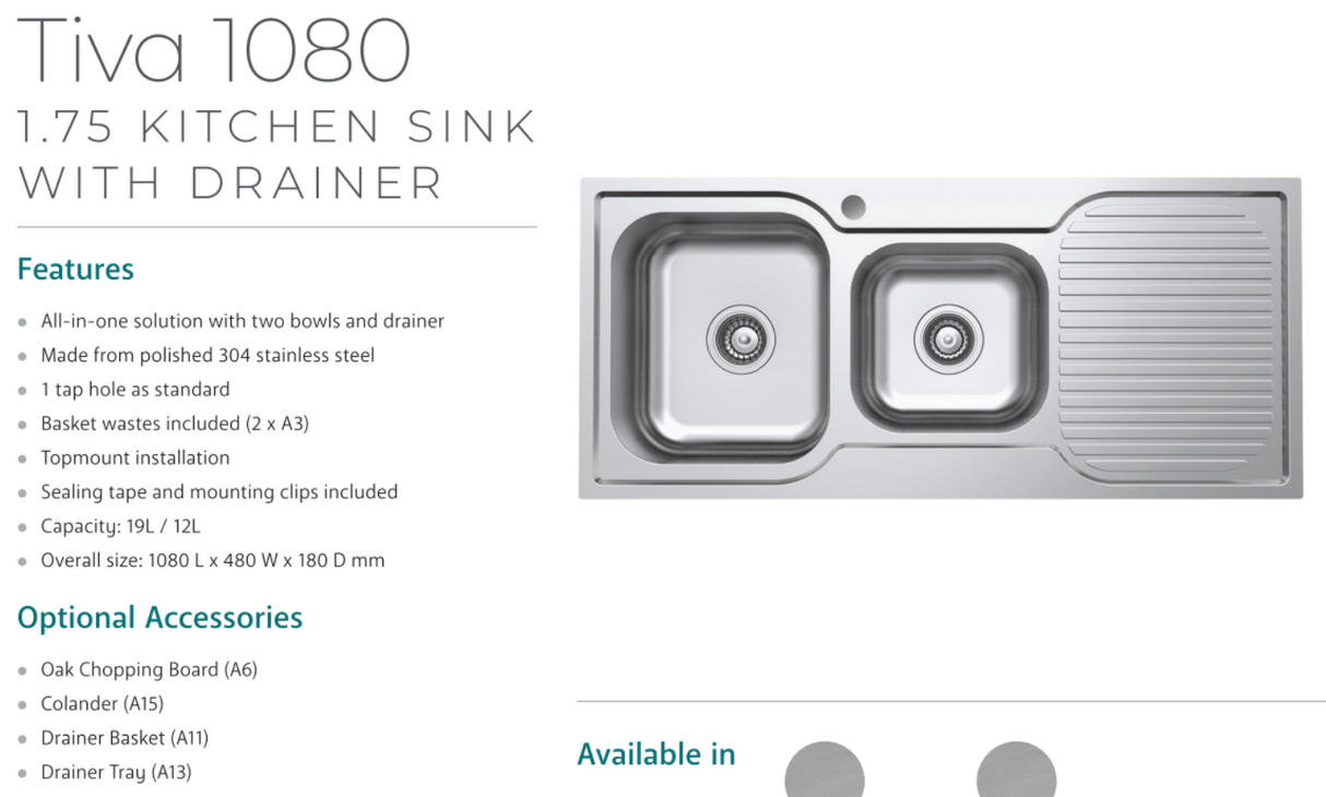 Fienza Tiva 1080 1.75 Kitchen Sink With Drainer Left Bowl 68106L - Special Order Top Mounted Sinks