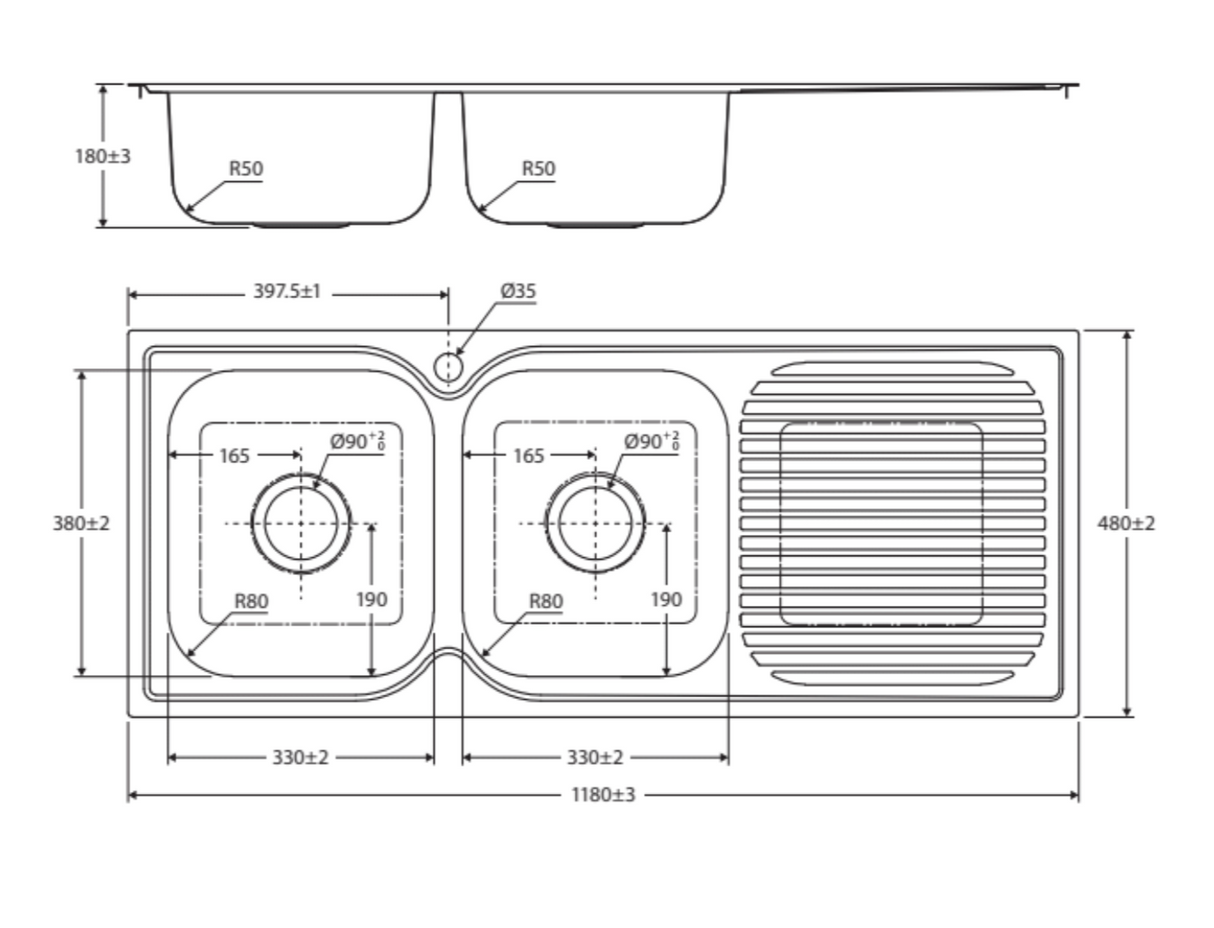 Fienza Tiva 68107R 1180 Double Kitchen Sink With Drainer Right Bowl - Special Order Top Mounted