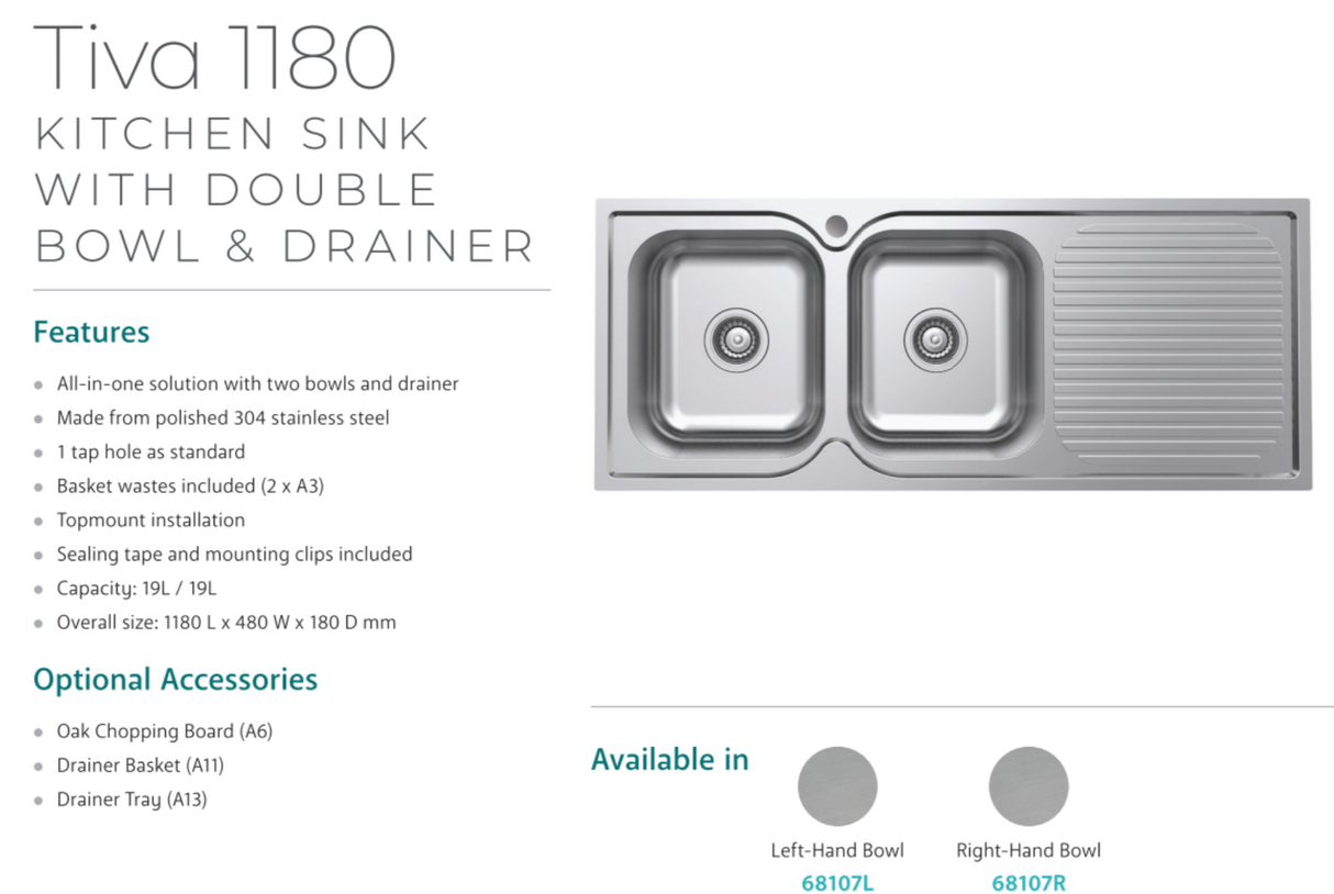 Fienza Tiva 68107L 1180 Double Kitchen Sink With Drainer Left Bowl - Special Order Top Mounted Sinks
