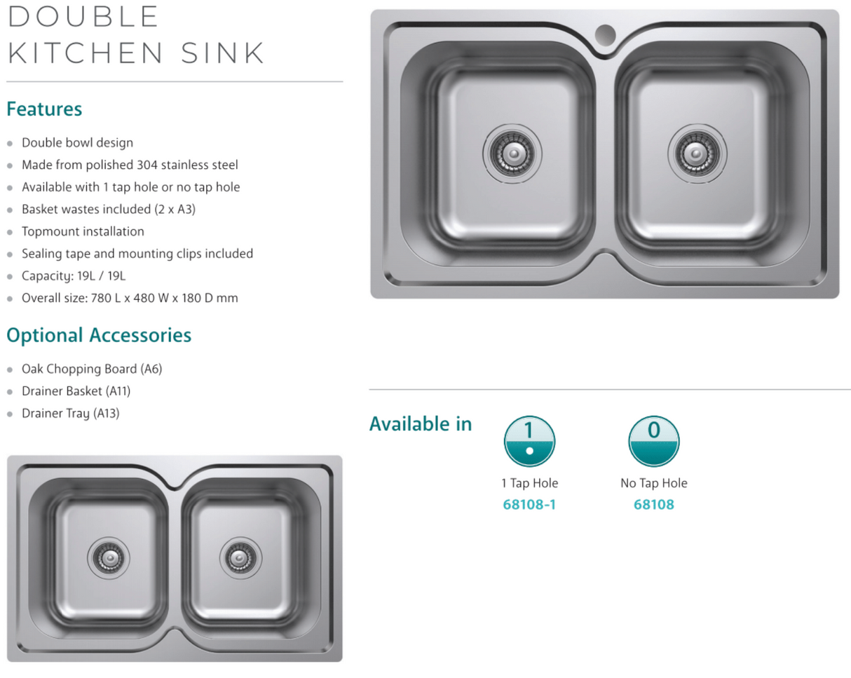 Fienza Tiva 780 Double Kitchen Sink 68108-1 Top Mounted Sinks