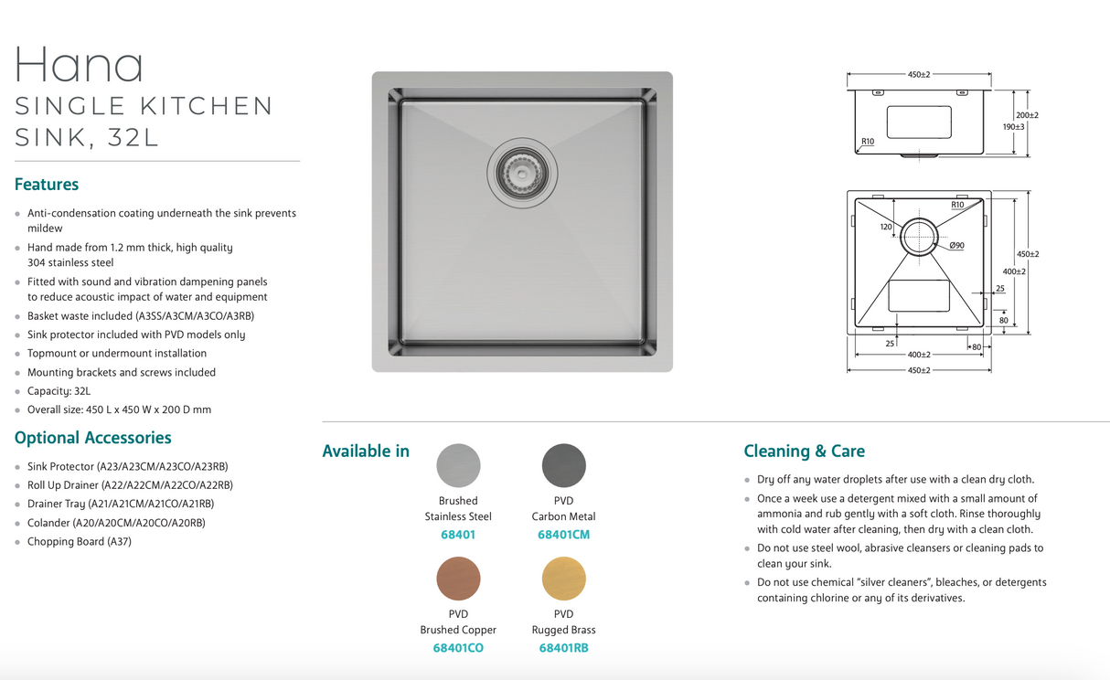 Fienza Hana 68401CO 32L Single Kitchen Sink, Brushed Copper