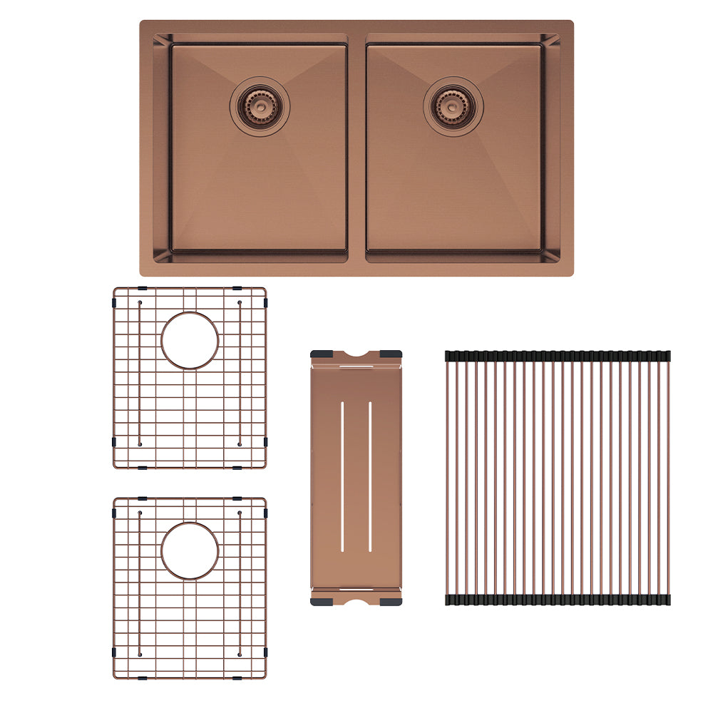 Fienza Hana 68403CO 27L/27L Double Kitchen Sink Kit, Brushed Copper
