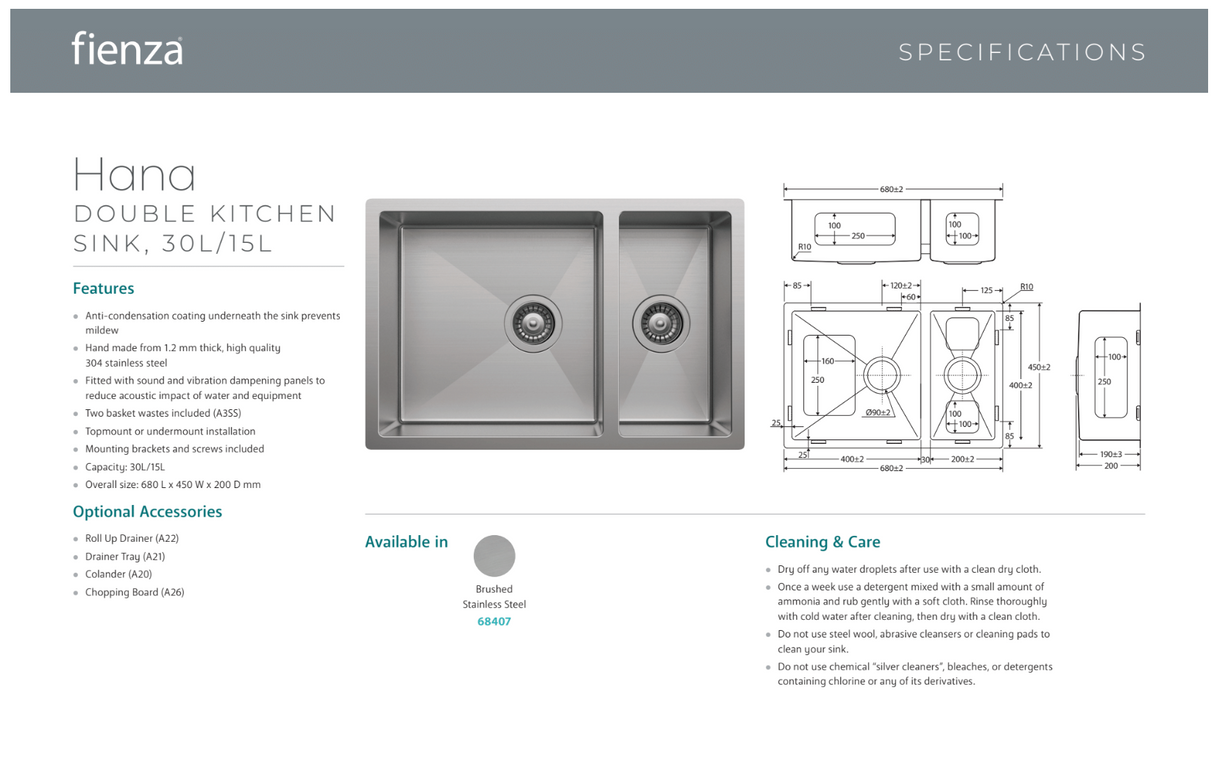 Fienza 68407-KIT Hana Double Kitchen Sink 30L/15L with Accessories Stainless Steel