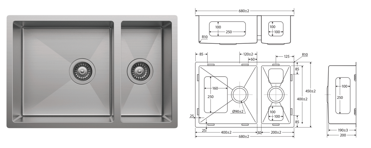 Fienza 68407-KIT Hana Double Kitchen Sink 30L/15L with Accessories Stainless Steel