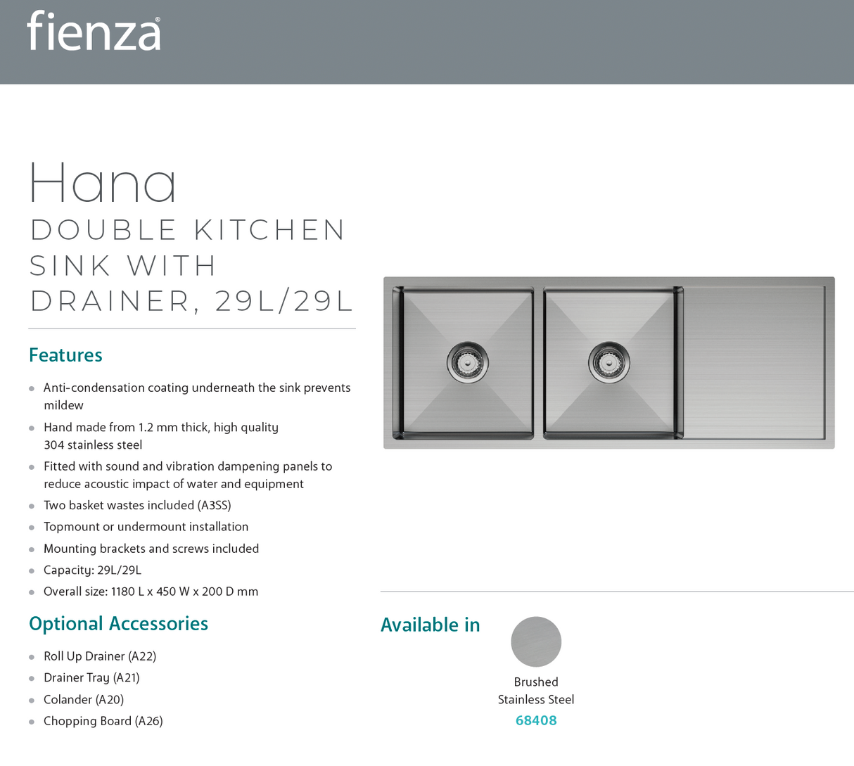 Fienza 68408 Hana 29L/29L Double Kitchen Sink with Drainer