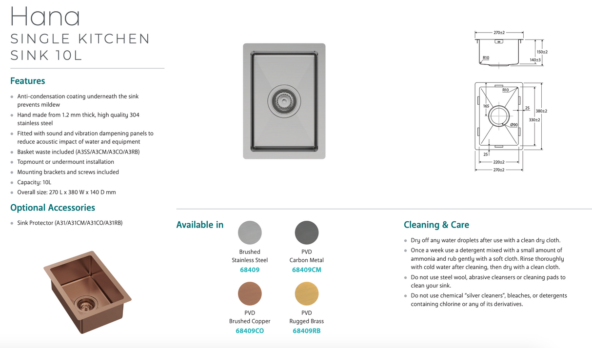 Fienza Hana 68409CM 10L Single Kitchen Sink, Carbon Metal