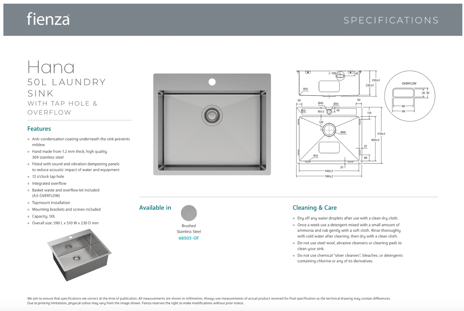 Fienza 68503-OF 50L Square Laundry Sink with Overflow