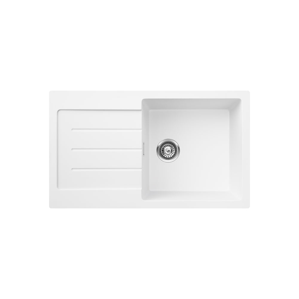 Fienza 68614WR-1 Kuro Granite 39L Single Kitchen Sink with Drainer, Right Bowl, Matte White
