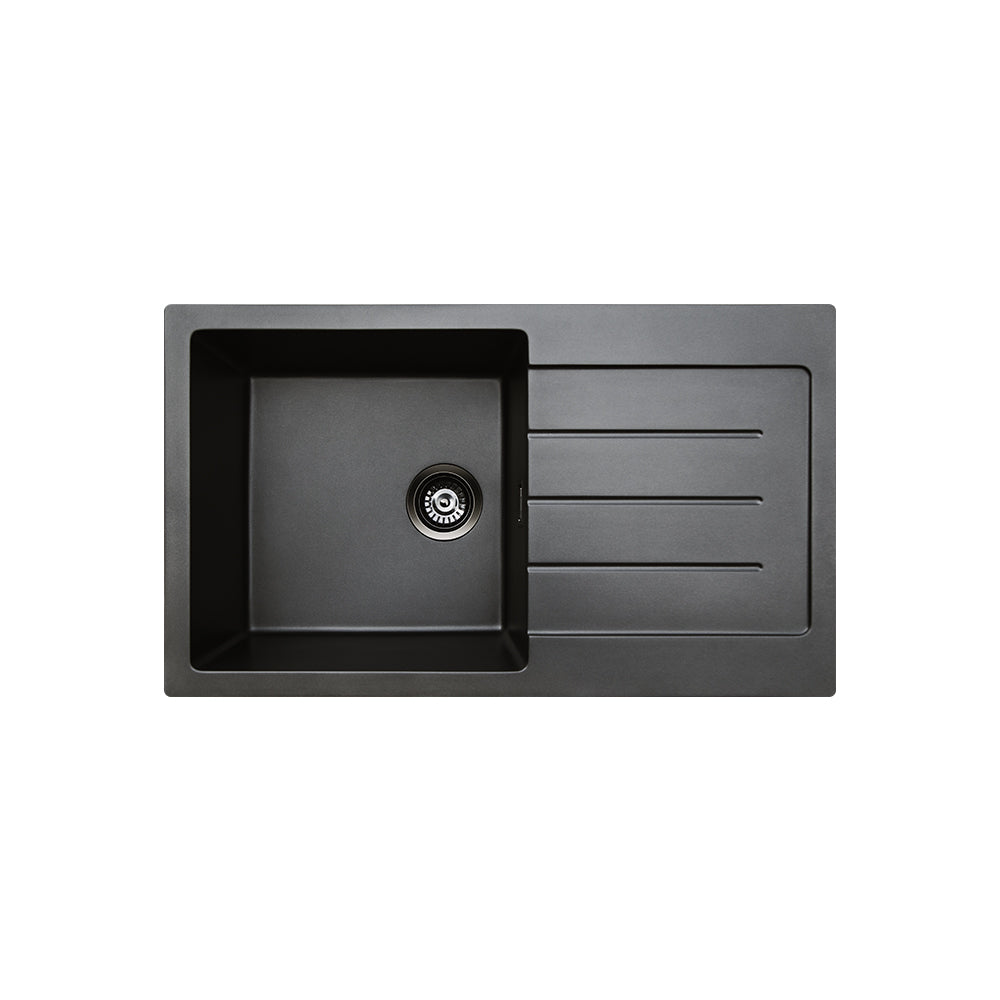 Fienza 68614 Kuro Granite 39L Single Kitchen Sink with Drainer, Matte Black, No Tap Hole