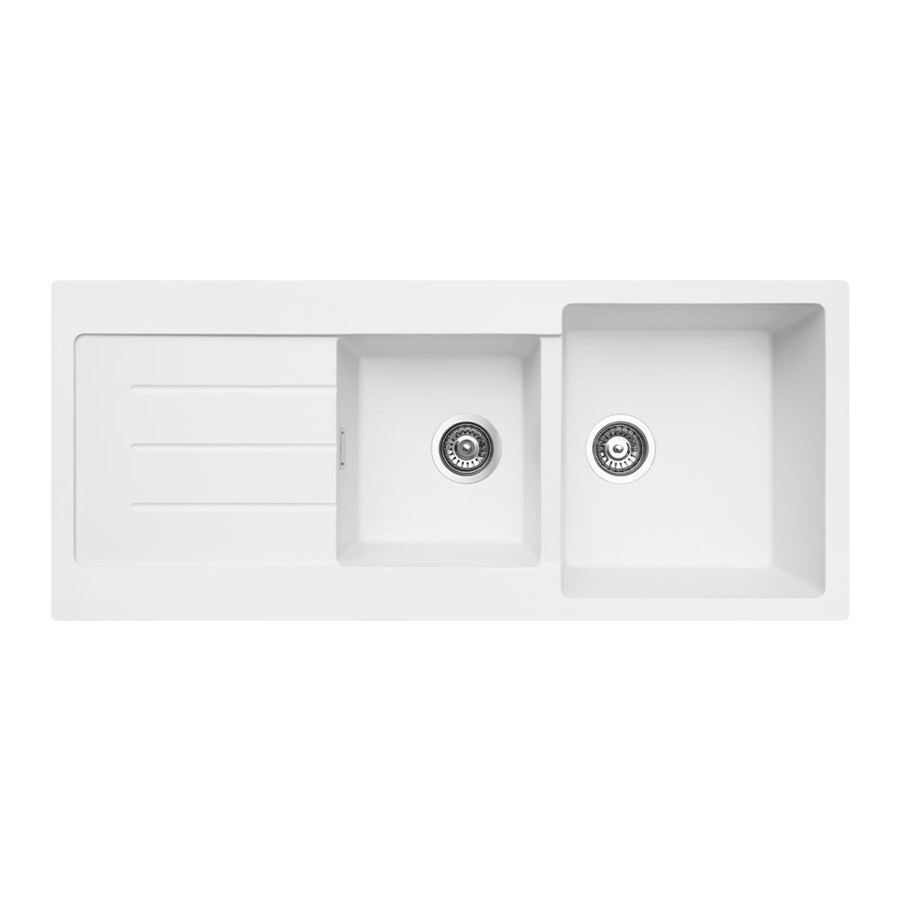 Fienza 68616WR-2 Kuro Granite 29L/19L Double Kitchen Sink with Drainer, Right Bowl, 2 Tap Holes, Matte White