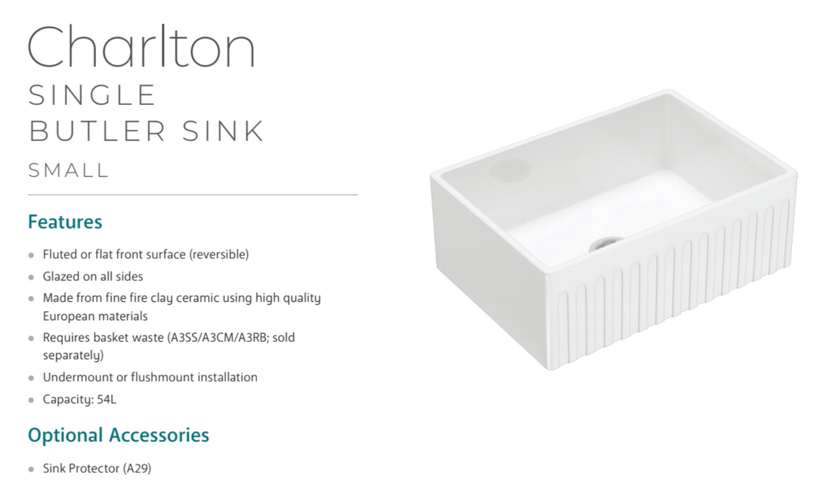 Fienza Winston 68700 Single Butler Sink Small White 675X475X250Mm - Special Order Kitchen Sinks