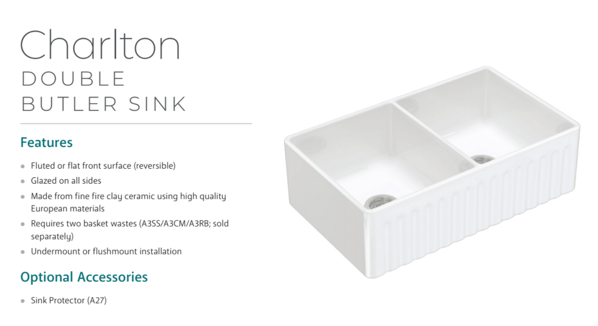 Fienza Winston 68702 Double Butler Sink White 838X483X254Mm - Special Order Kitchen Sinks