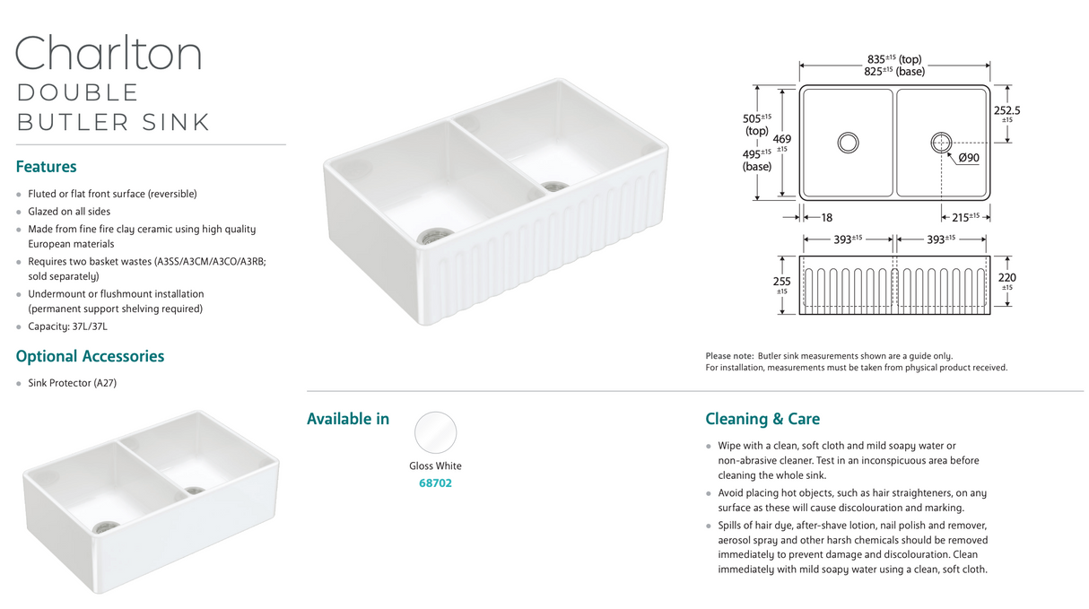 Fienza Charlton 68702 Double Butler Sink, 838x483x254mm, White