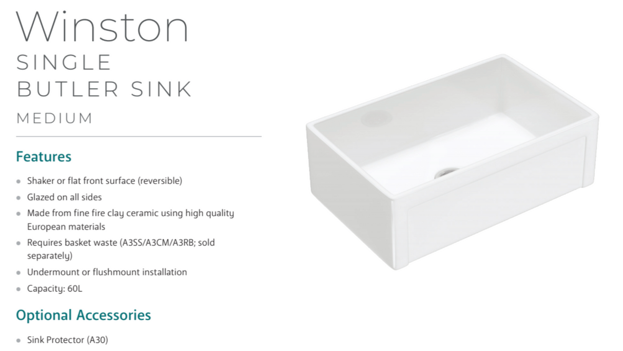 Fienza Winston 68703 Single Butler Sink Medium White 750X470X250Mm - Special Order Kitchen Sinks