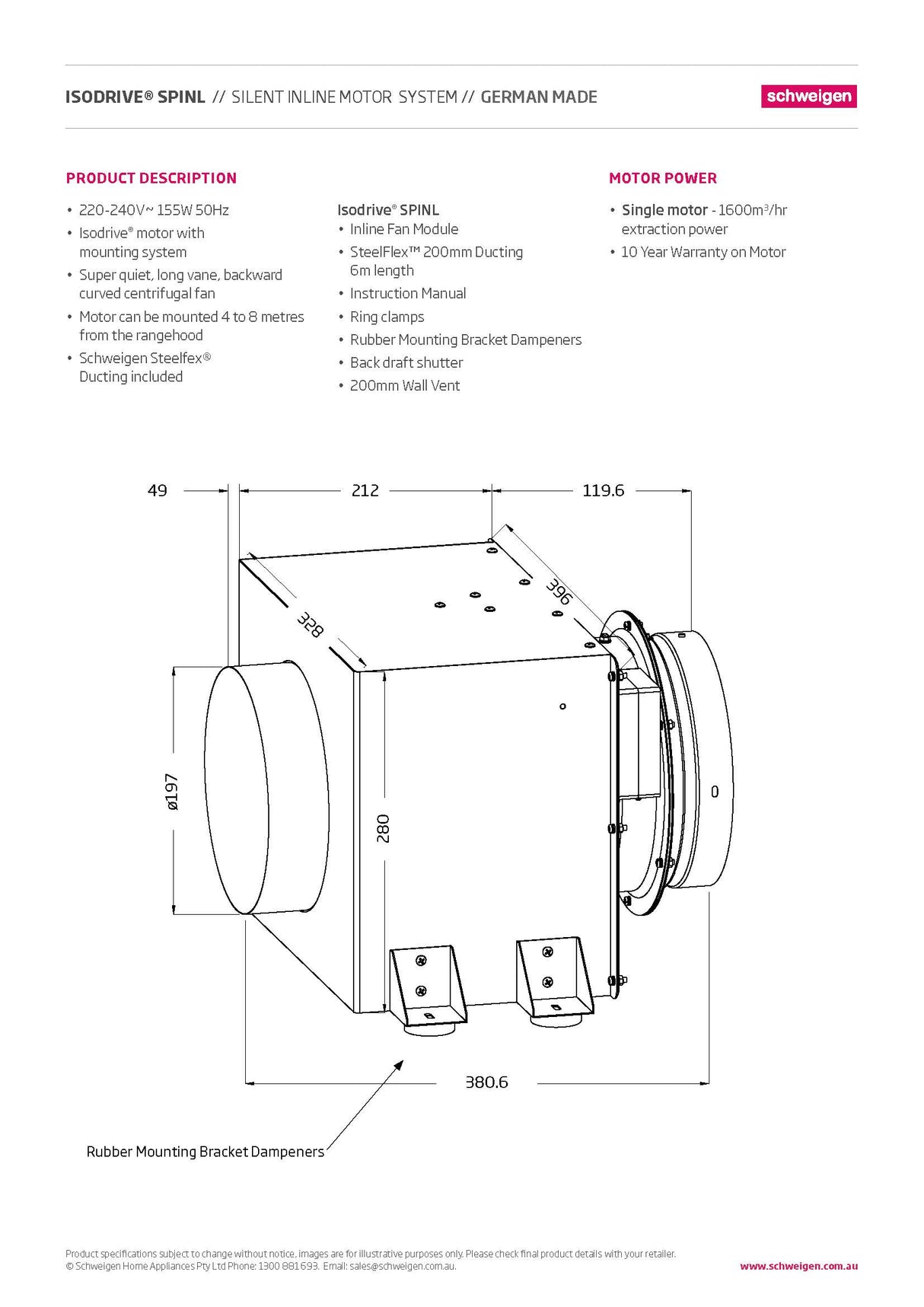 Schweigen UM-9SINL 90cm Silent Inline Motor Undermount Rangehood, 1600m3/hr, Stainless Steel