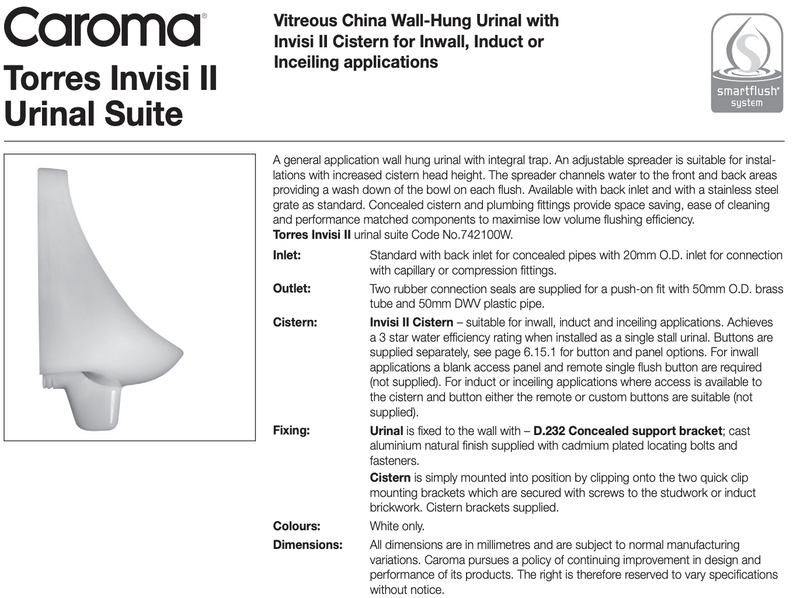 Caroma 742100W Torres Invisi Series II Urinal Suite - Special Order