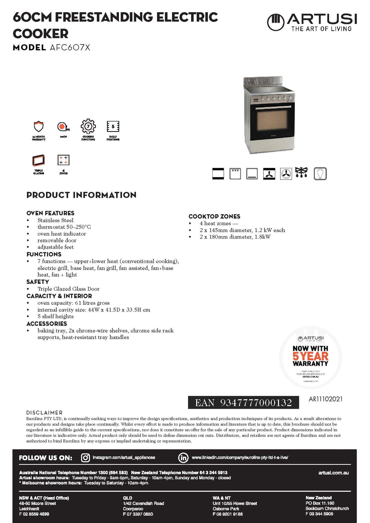Artusi AFC607X 60cm Electric Upright Stove, Ceramic Top, Stainless Steel
