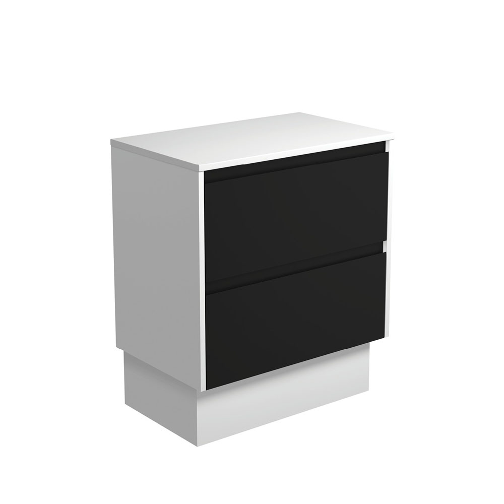 Fienza 75BBWK Amato 750 On Kickboard Cabinet, Satin White Panels, Satin Black, Cabinet Only