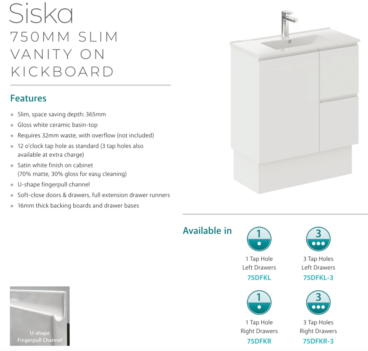 Fienza Siska 75Dfkl Slim 750Mm Satin White Vanity Unit With Kickboard Left Drawers - Special Order