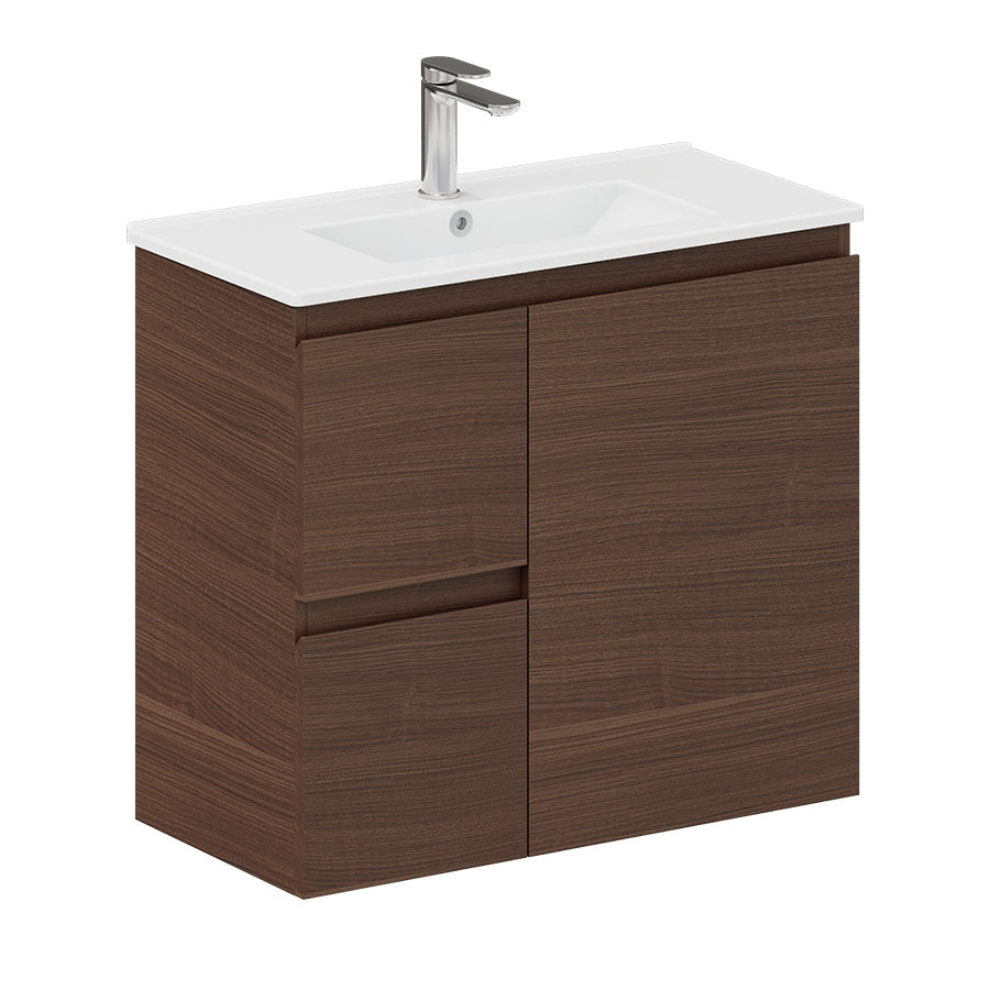 Fienza Siska 75DFWAL Slim 750mm Wall Hung Vanity Unit, Left Drawers, Walnut