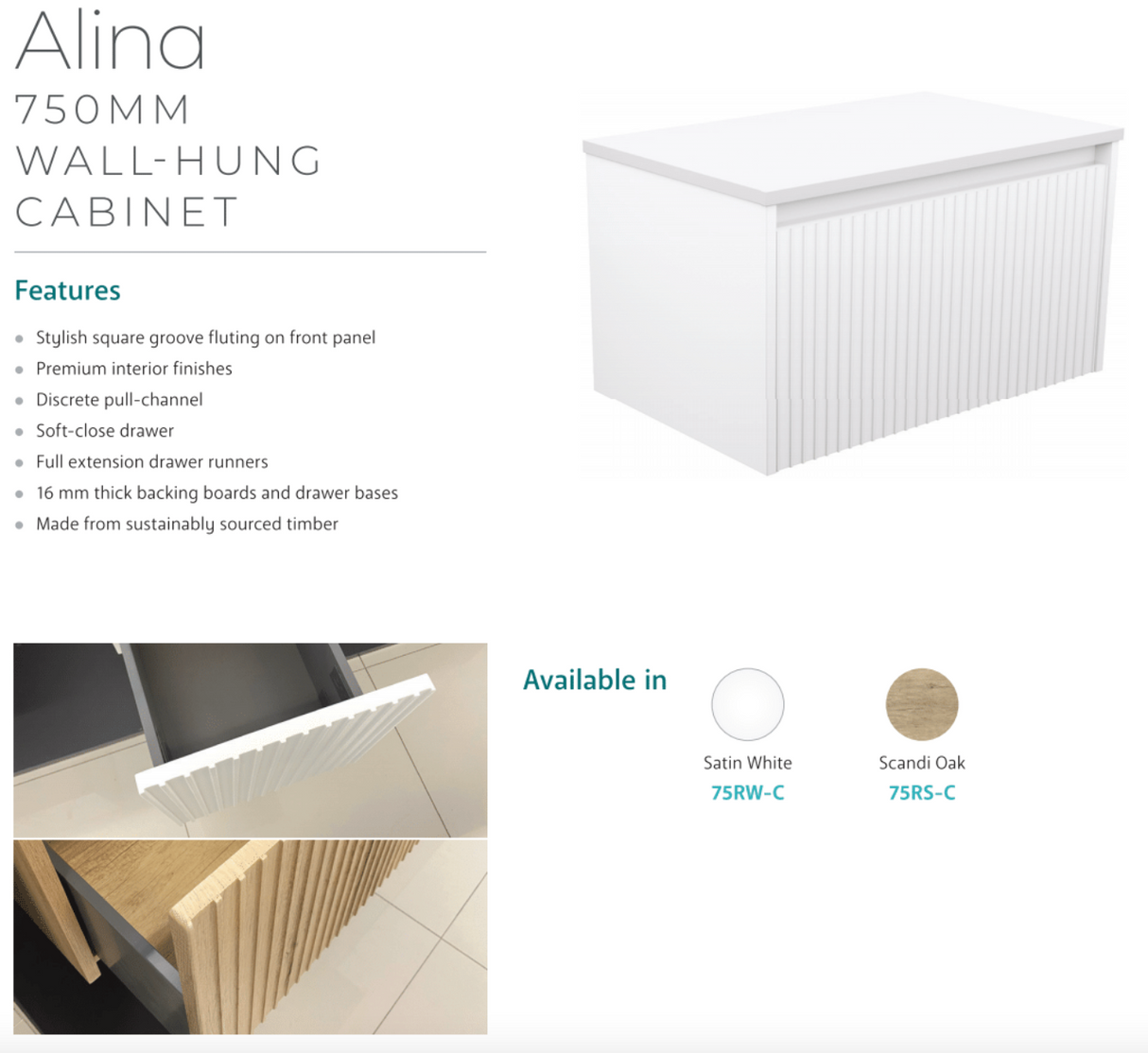 Fienza 75RW-C Alina Fluted White 750 Wall-Hung Cabinet, Cabinet Only, No Top