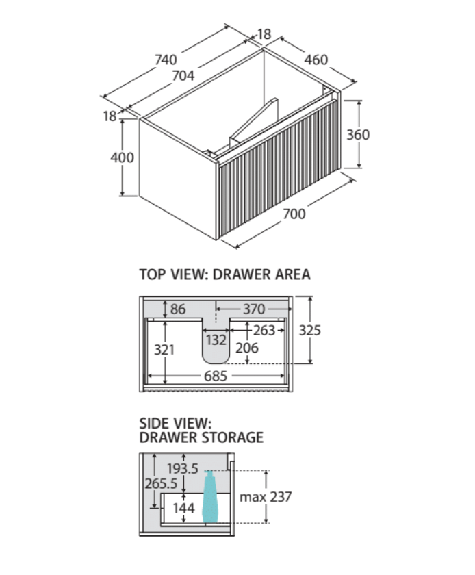 Fienza 75RW-C Alina Fluted White 750 Wall-Hung Cabinet, Cabinet Only, No Top