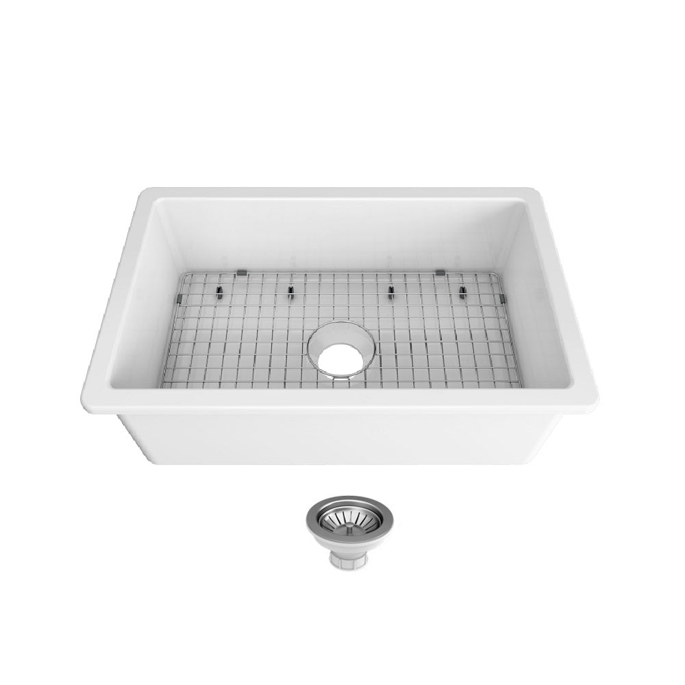 Seima 192502 Odessa 760 Ceramic Butler Sink, Single Bowl, 760x480mm Abovemount/Undermount, White Gloss with Stainless Steel Basket Waste & Grid