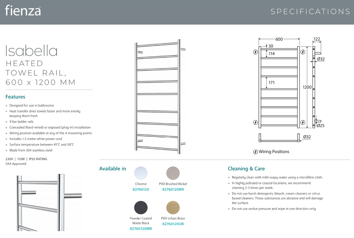 Fienza 82760120 Isabella Heated Towel Rail, 600 x 1200mm, Chrome