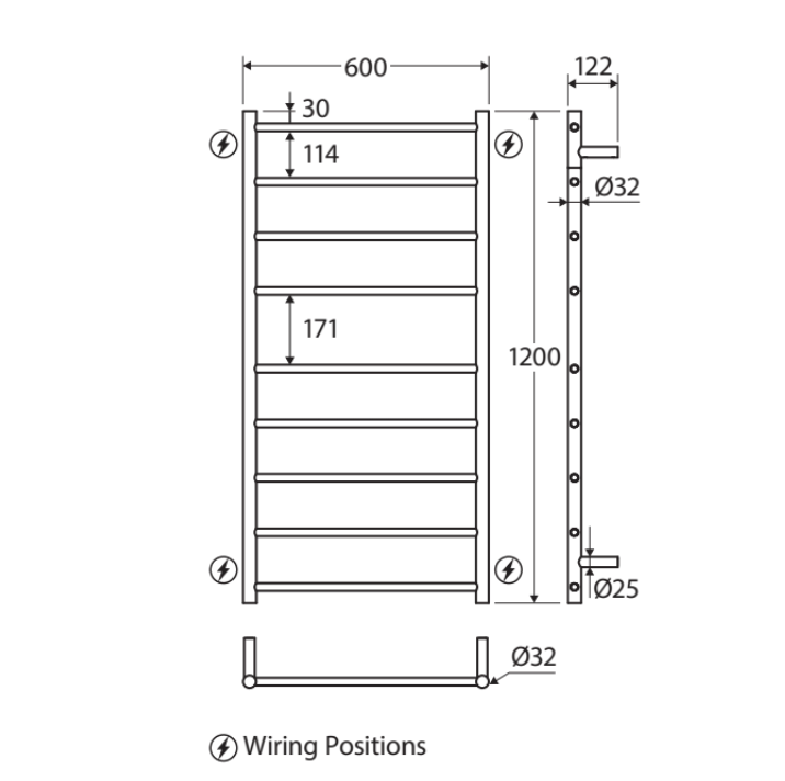 Fienza 82760120 Isabella Heated Towel Rail, 600 x 1200mm, Chrome