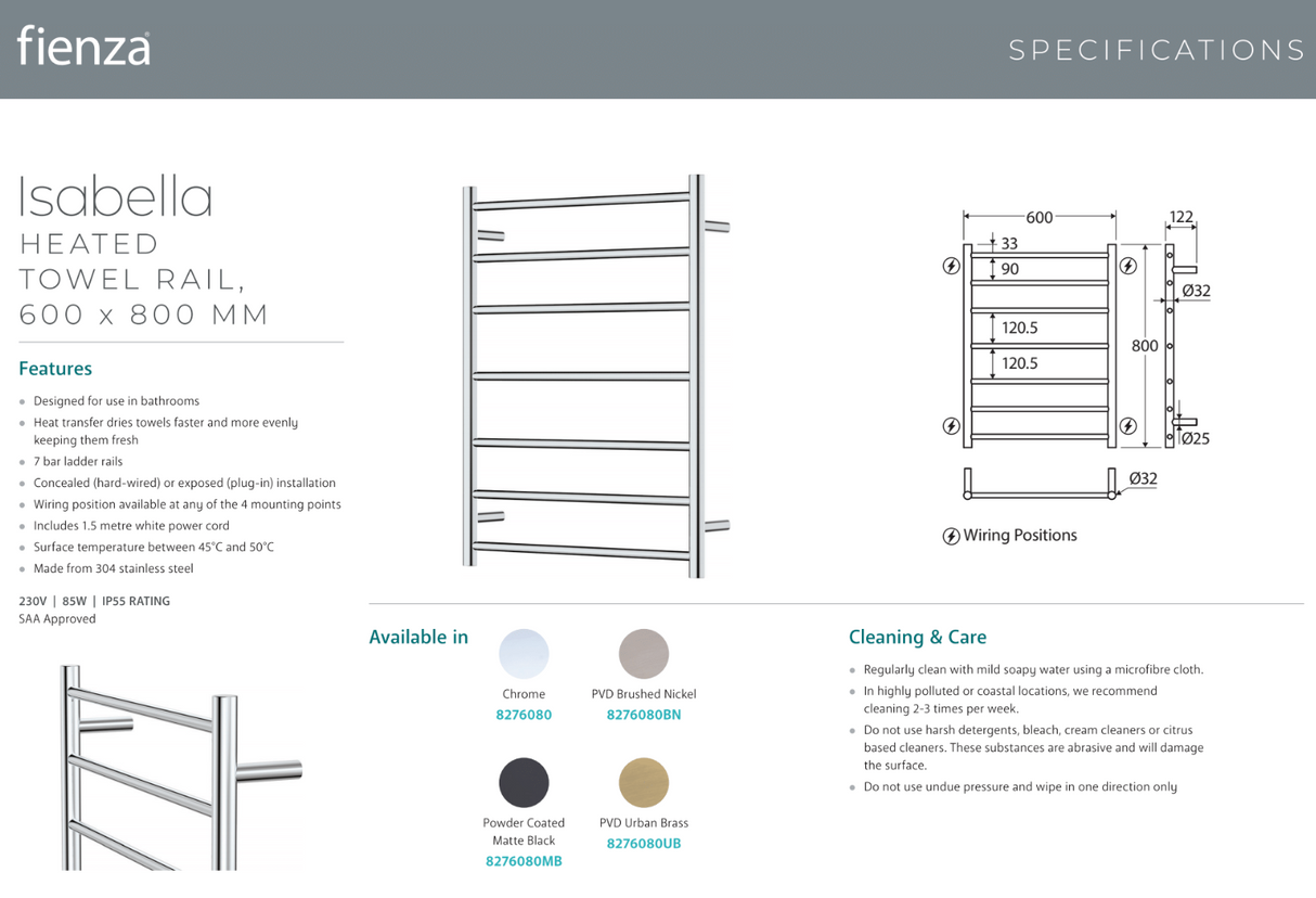 Fienza 8276080UB Isabella Heated Towel Rail, 600 x 800mm, Urban Brass