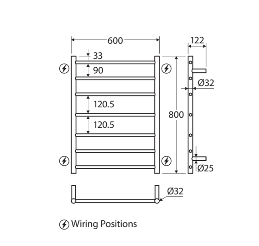 Fienza 8276080MB Isabella Heated Towel Rail, 600 x 800mm, Matte Black
